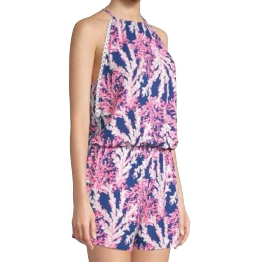 Lilly Pulitzer Pink and Blue Gianni Halter Romper in Nautic Navy Beyond the Sea